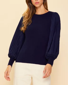 Mixed Media Pleated Sleeve Navy Top