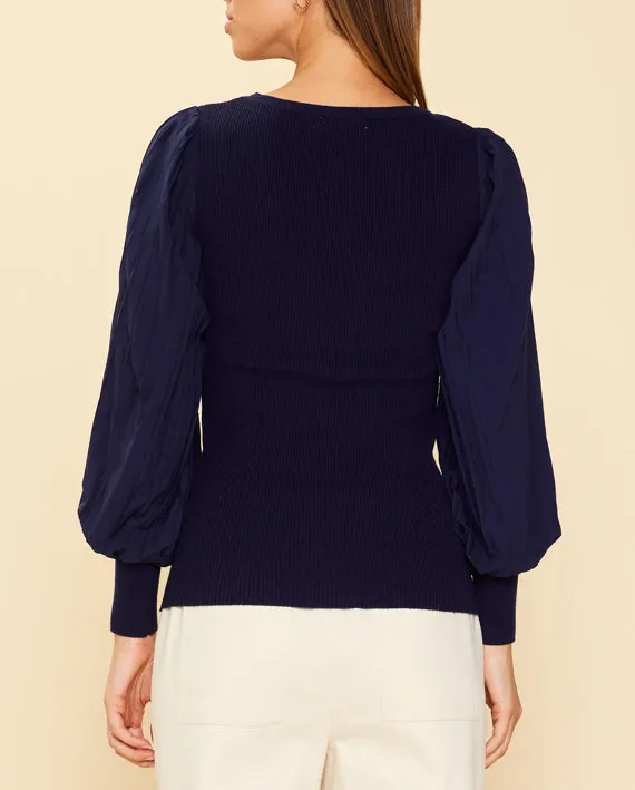 Mixed Media Pleated Sleeve Navy Top