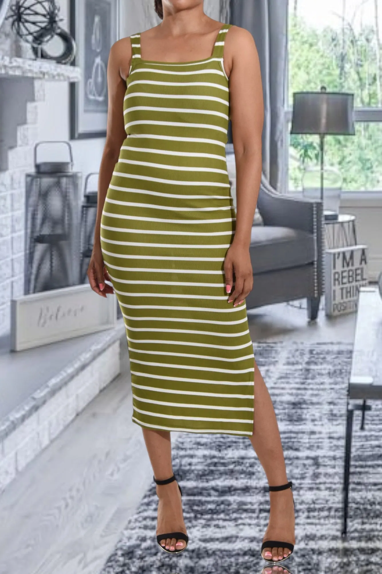 Olive Rib Bodycon Slit Dress