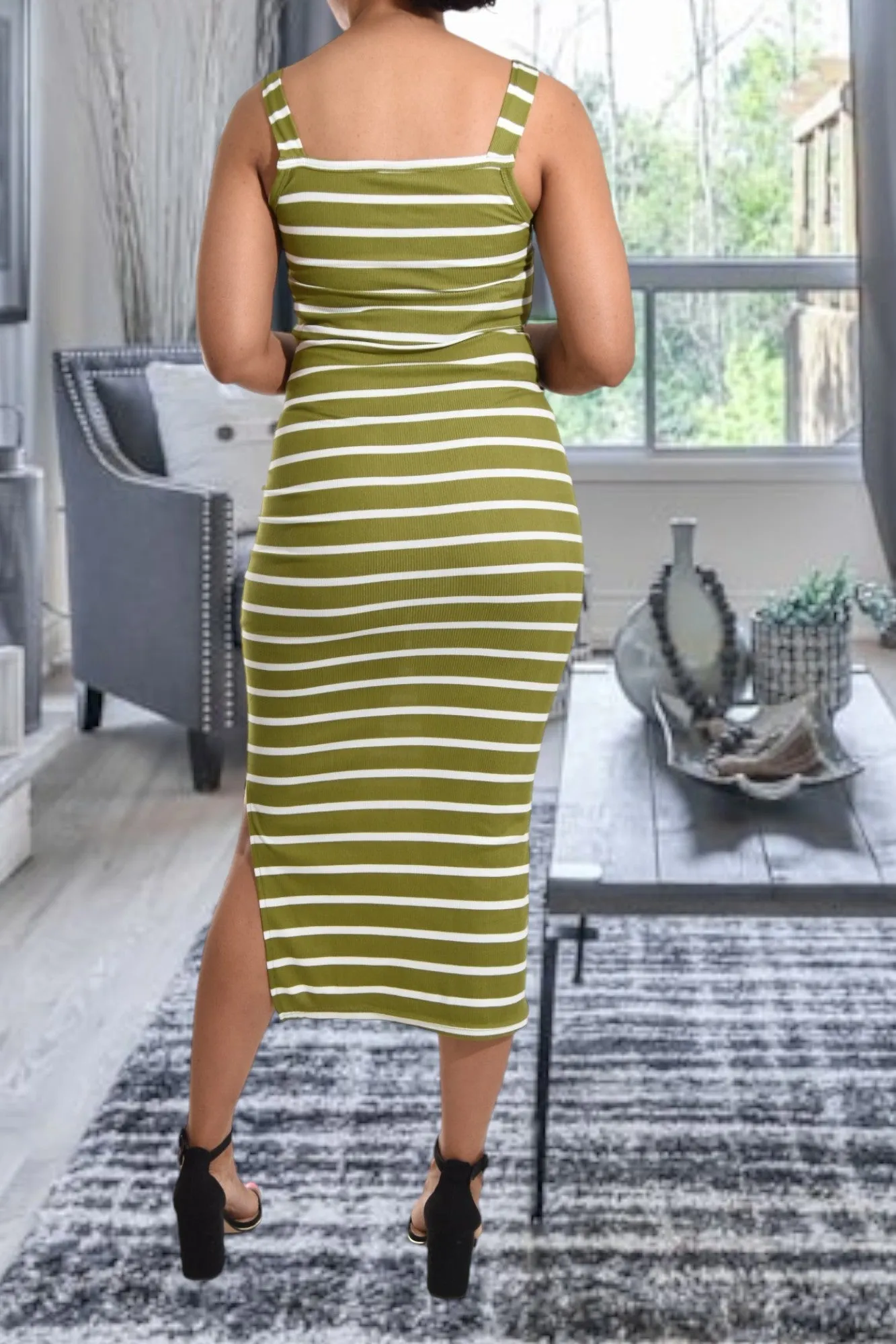 Olive Rib Bodycon Slit Dress