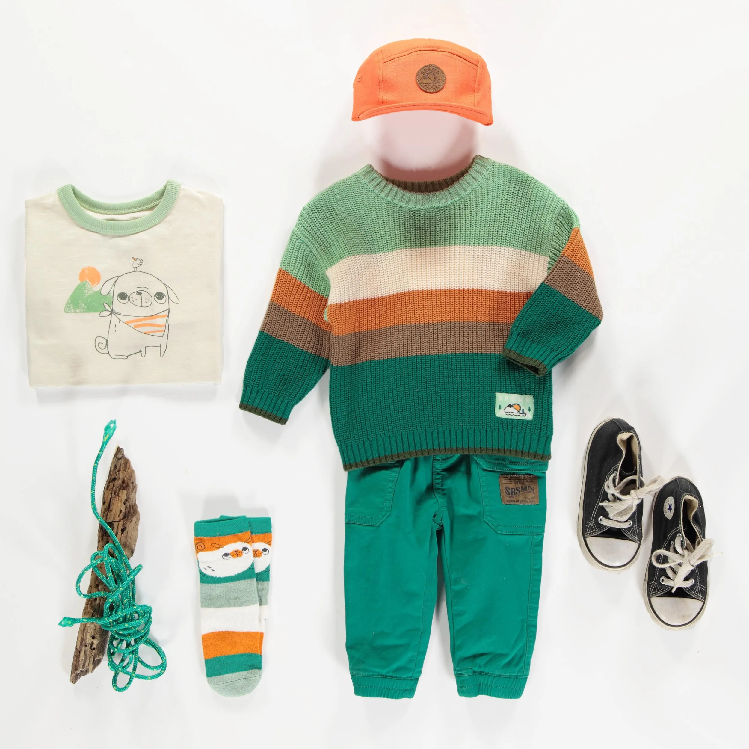 Pantalon coupe décontractée vert en twill très extensible, bébé || Green relaxed fit pant in stretch twill, baby