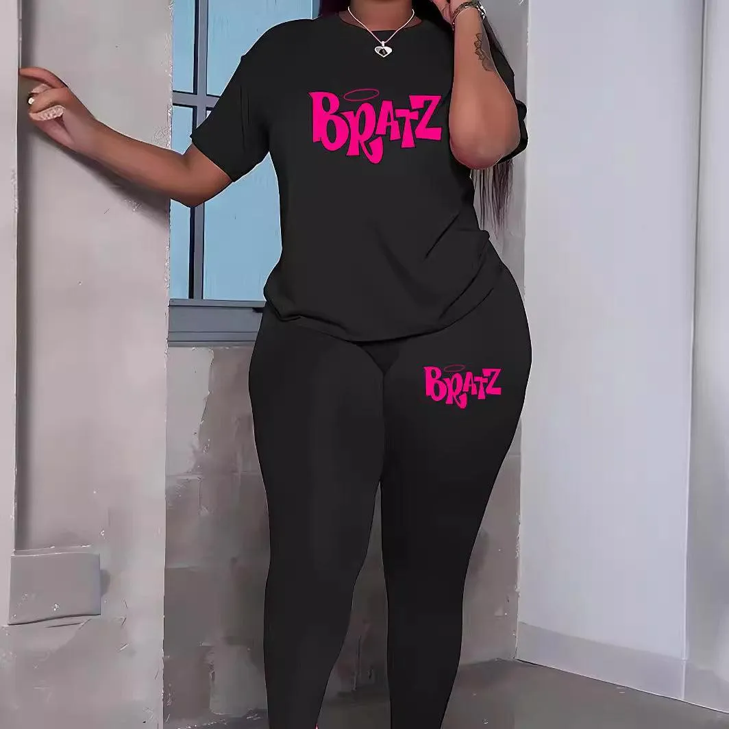 Printed Crew Neck Casual Trousers Short T-shirt Two-piece Set