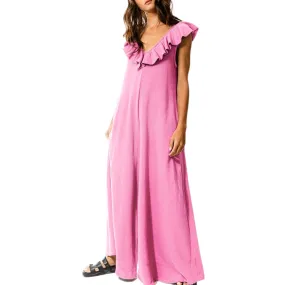 Ruffled V-neck Wide Leg Solid French Terry Jumpsuit