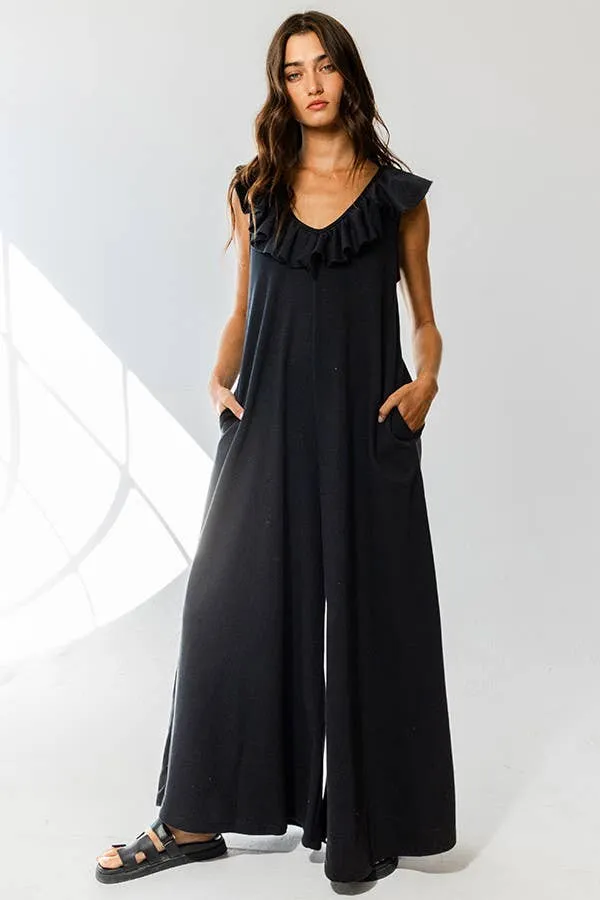 Ruffled V-neck Wide Leg Solid French Terry Jumpsuit