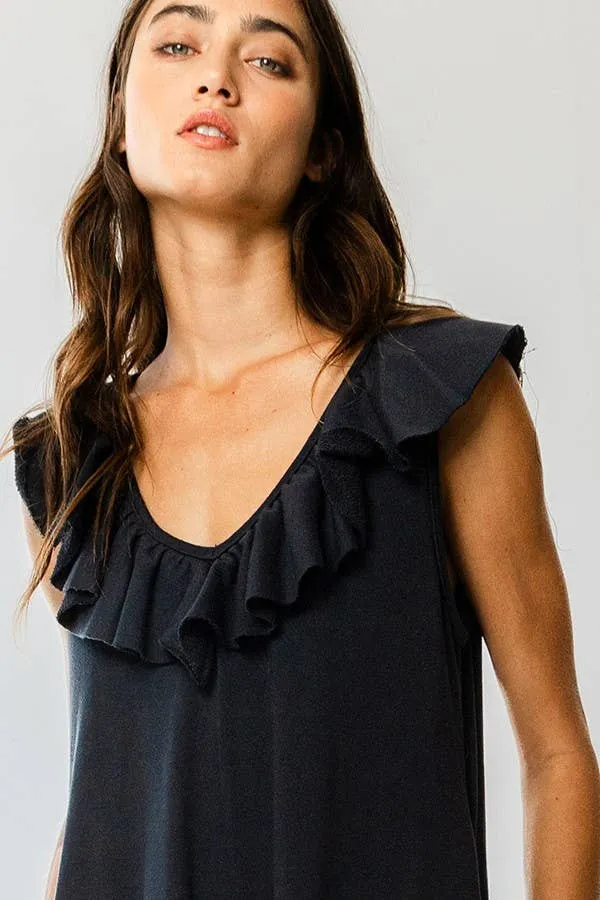 Ruffled V-neck Wide Leg Solid French Terry Jumpsuit