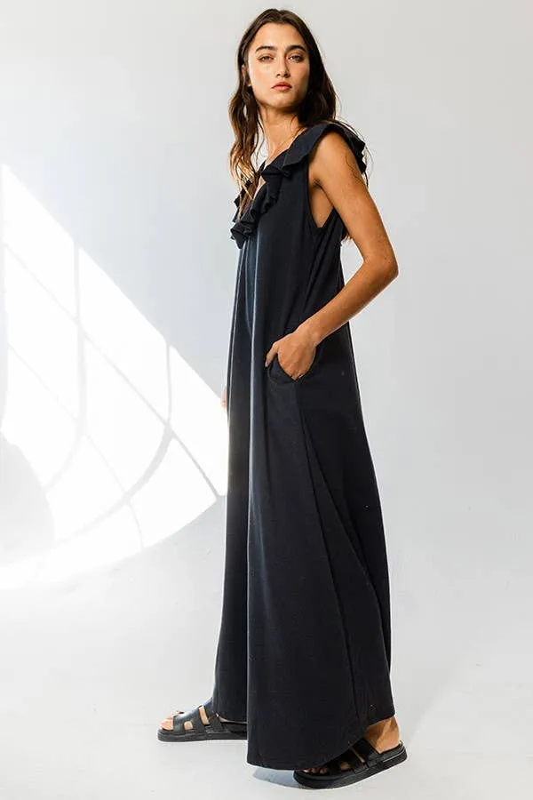 Ruffled V-neck Wide Leg Solid French Terry Jumpsuit
