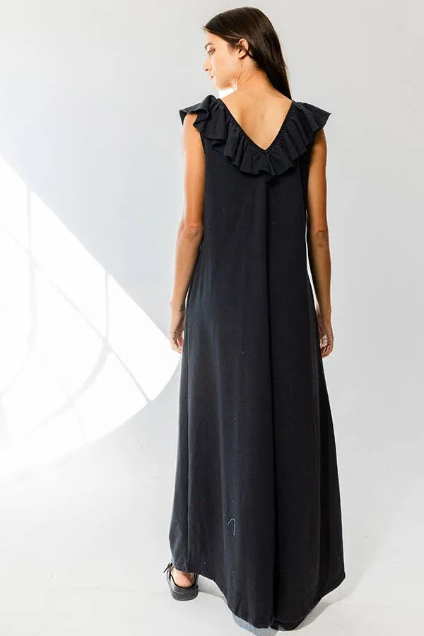Ruffled V-neck Wide Leg Solid French Terry Jumpsuit