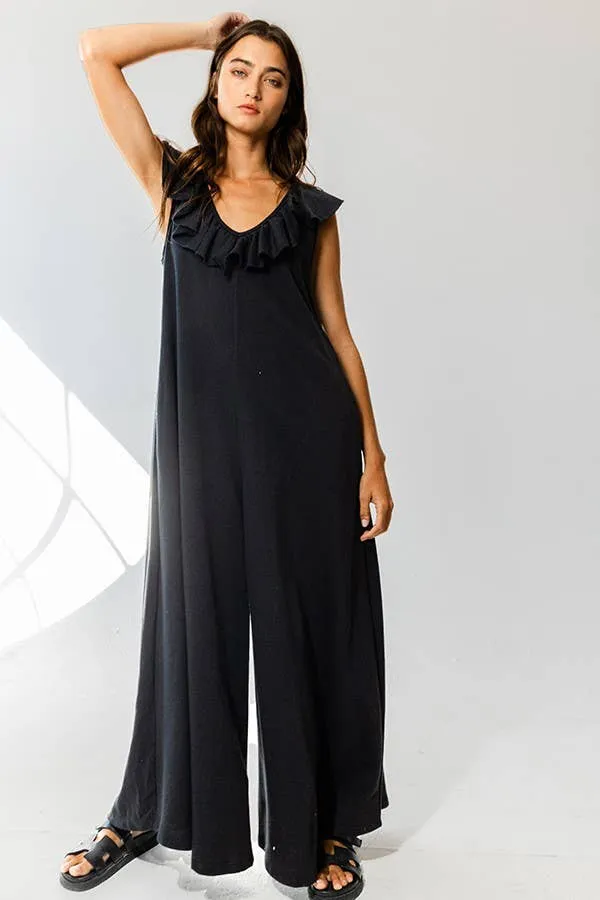 Ruffled V-neck Wide Leg Solid French Terry Jumpsuit
