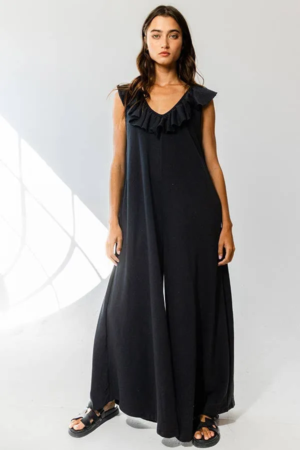 Ruffled V-neck Wide Leg Solid French Terry Jumpsuit