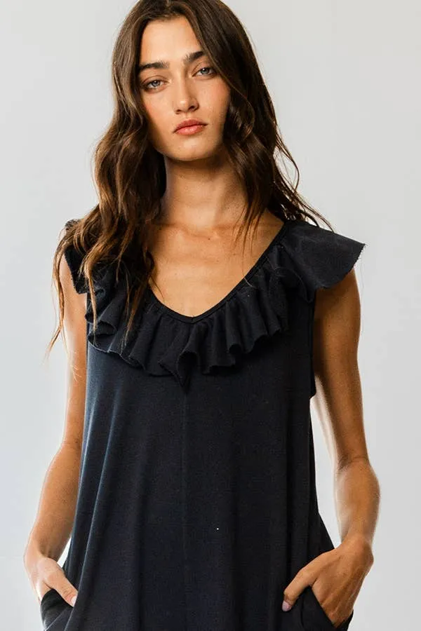 Ruffled V-neck Wide Leg Solid French Terry Jumpsuit
