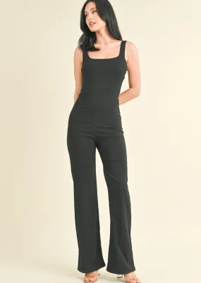 Sleeveless Thick Strap Stright Leg Jumpsuit, Black