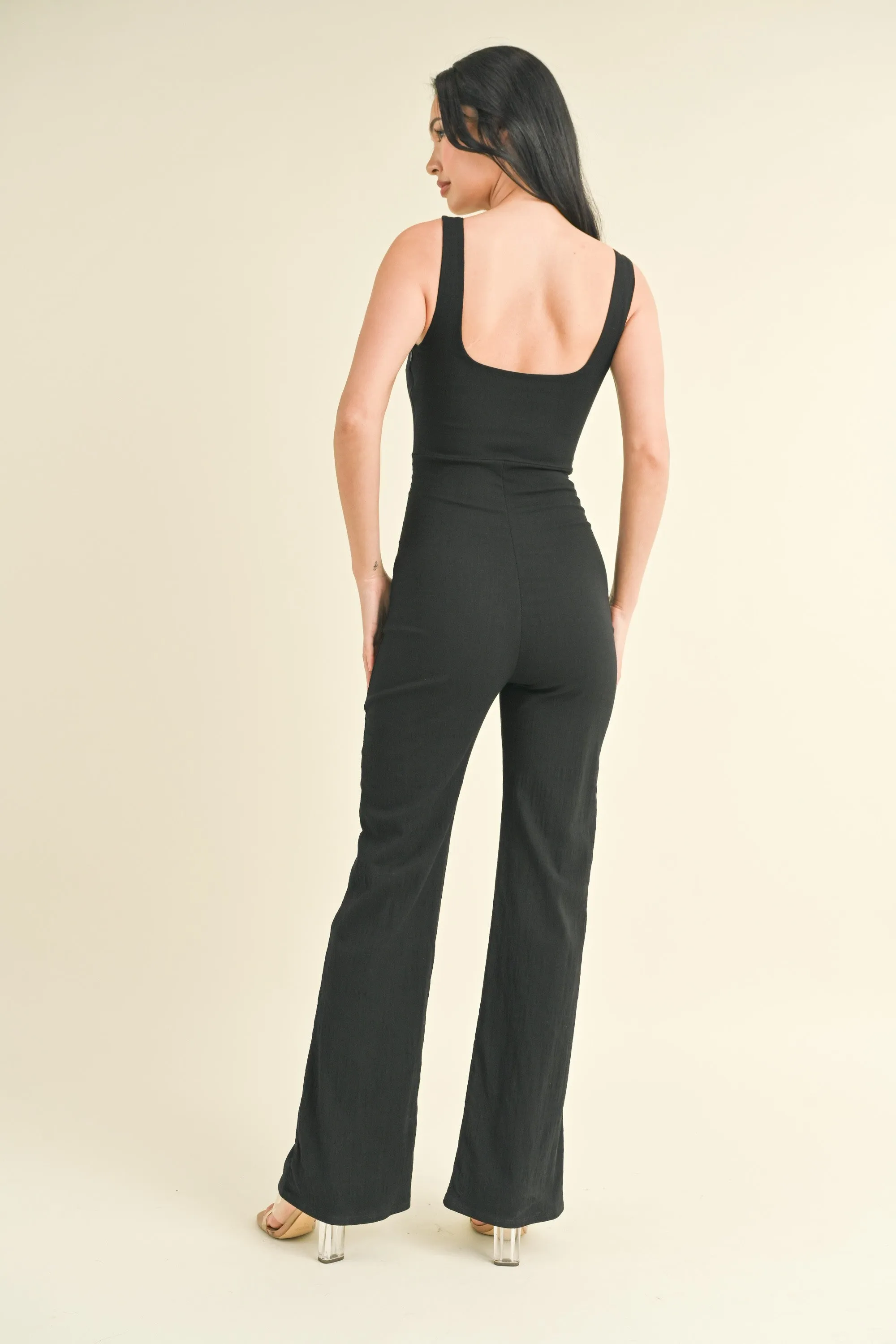 Sleeveless Thick Strap Stright Leg Jumpsuit, Black
