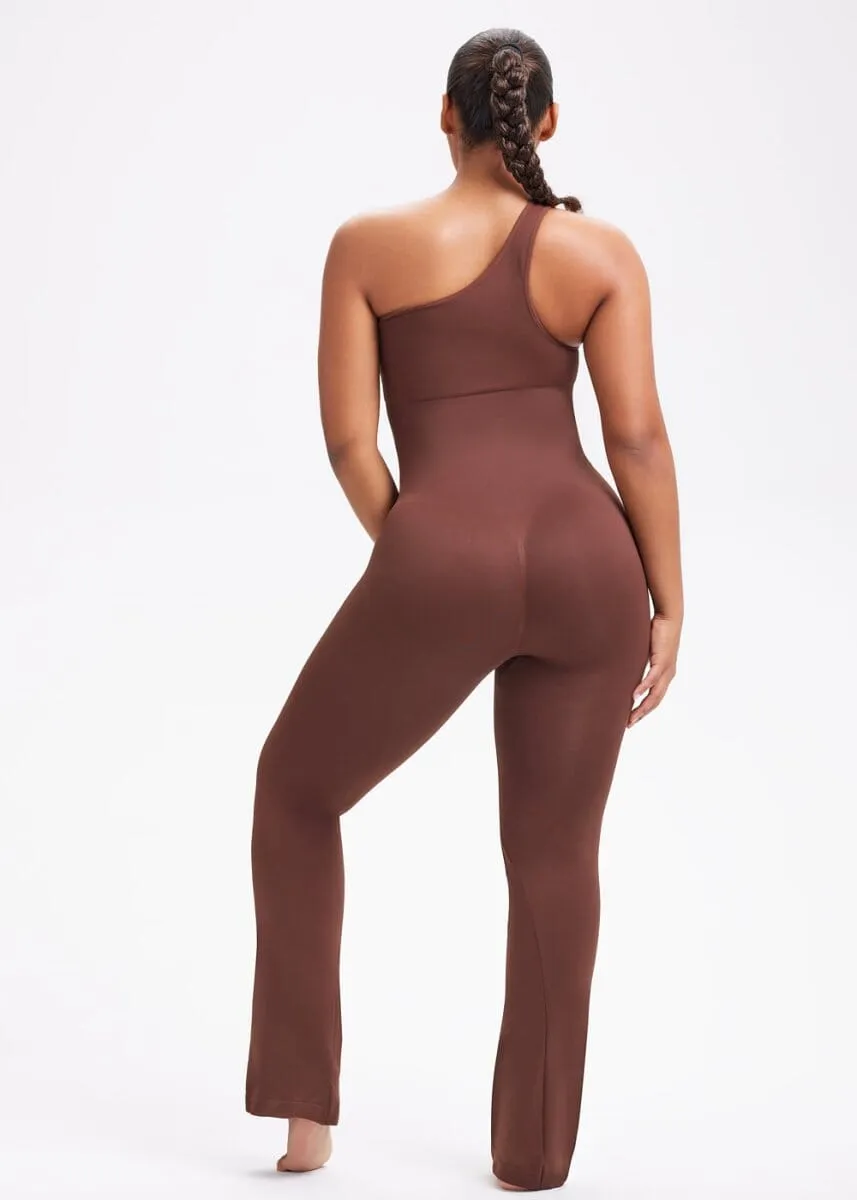 SnatchedKnit One-Shoulder Flare Jumpsuit