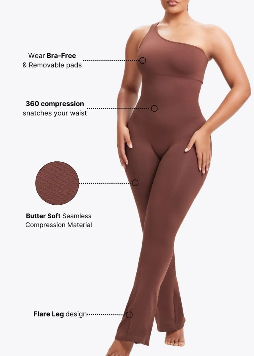 SnatchedKnit One-Shoulder Flare Jumpsuit