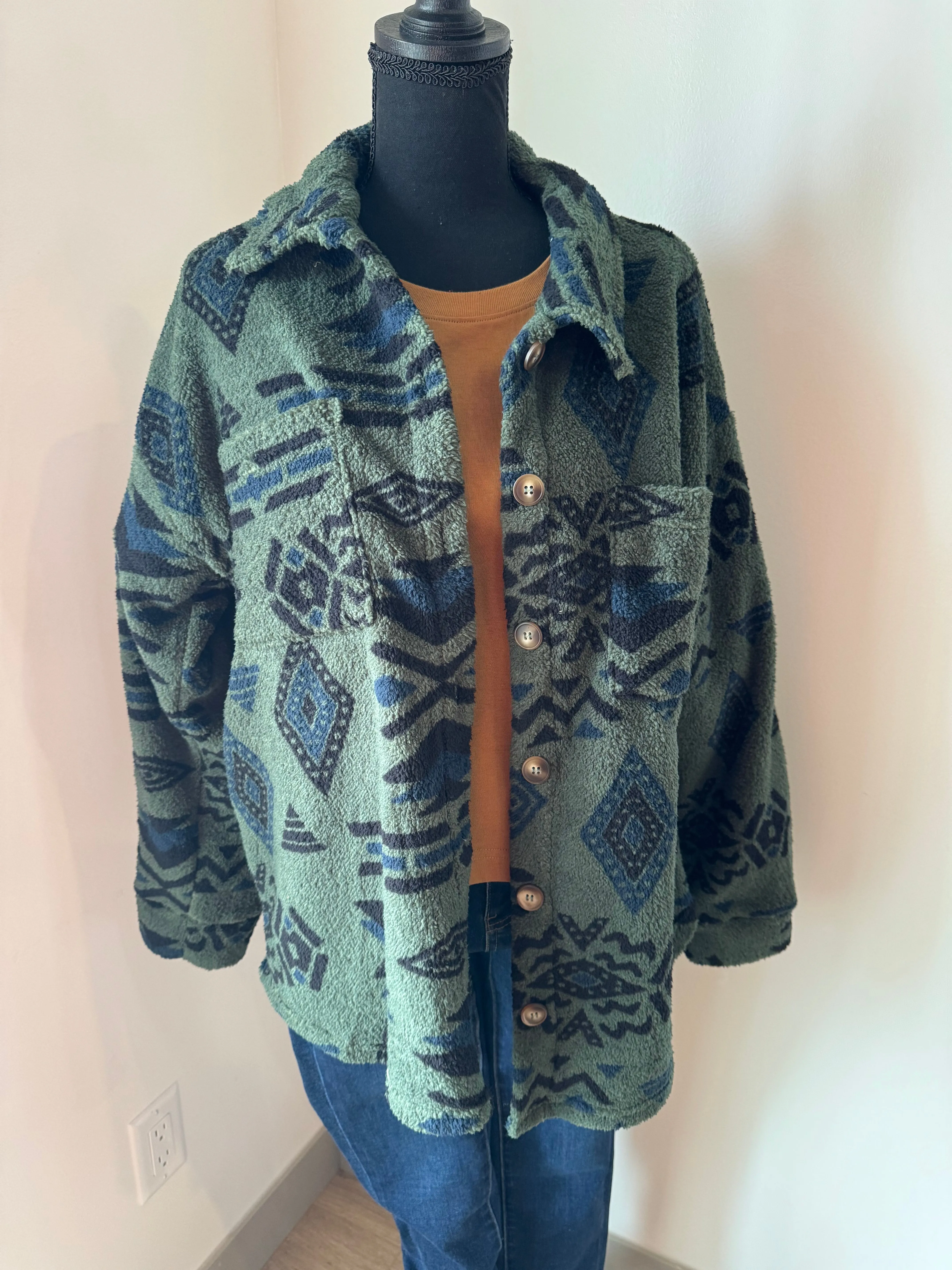 Soft Sherpa Aztec Print Button Up Jacket