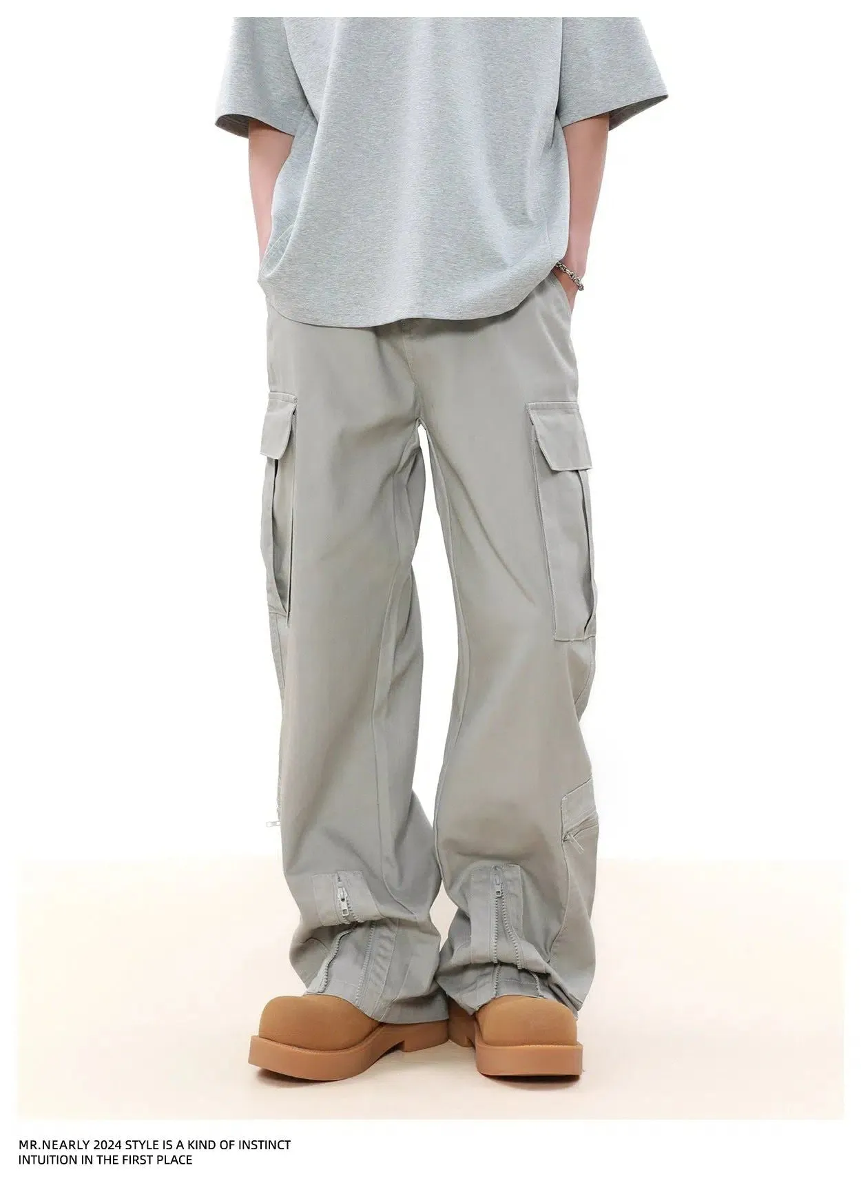 Solid Zipped Slit Cargo Pants