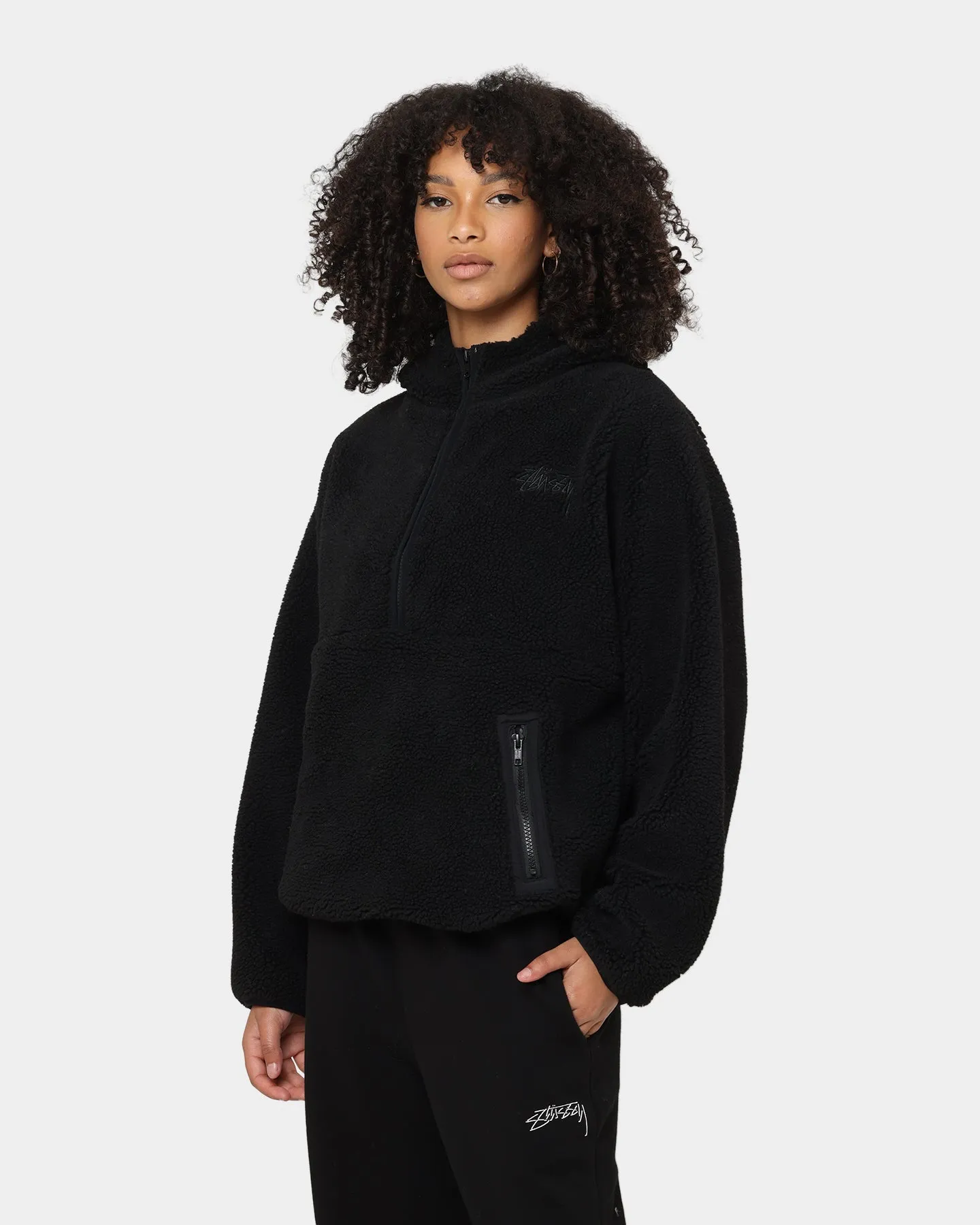 Stussy Women's Jensen Quarter Zip Sherpa Hoodie Black
