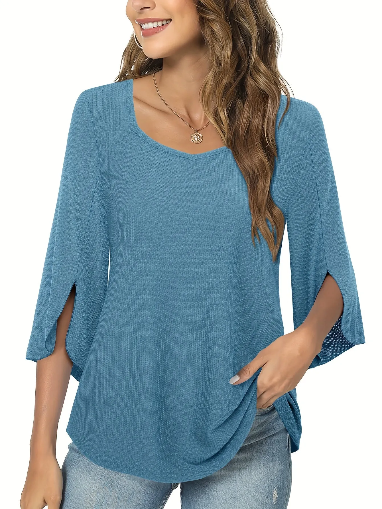 Three Quarter Sleeve Solid Heart Neck Casual T-Shirt - Soft Micro Elastic Polyester Fabric, Regular Length, Spring Summer Fall Wear - Womens Business Work Clothing