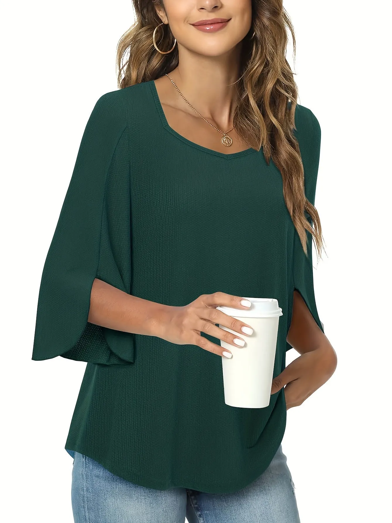 Three Quarter Sleeve Solid Heart Neck Casual T-Shirt - Soft Micro Elastic Polyester Fabric, Regular Length, Spring Summer Fall Wear - Womens Business Work Clothing