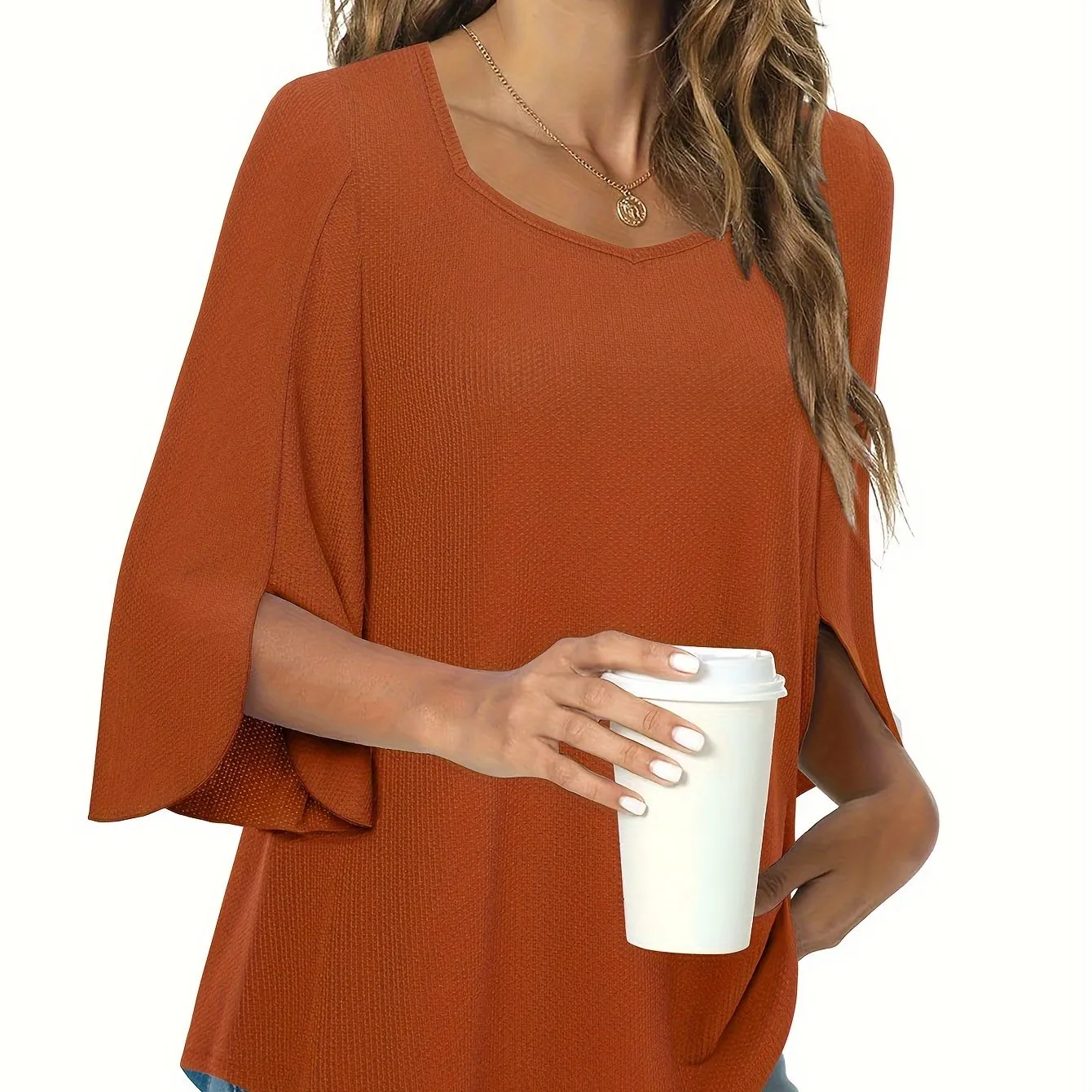 Three Quarter Sleeve Solid Heart Neck Casual T-Shirt - Soft Micro Elastic Polyester Fabric, Regular Length, Spring Summer Fall Wear - Womens Business Work Clothing