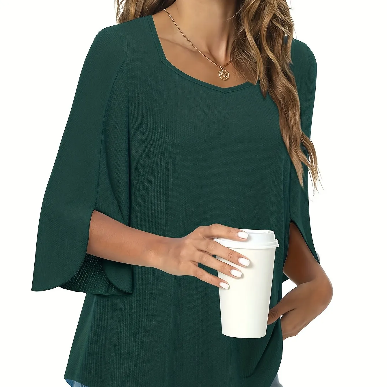 Three Quarter Sleeve Solid Heart Neck Casual T-Shirt - Soft Micro Elastic Polyester Fabric, Regular Length, Spring Summer Fall Wear - Womens Business Work Clothing
