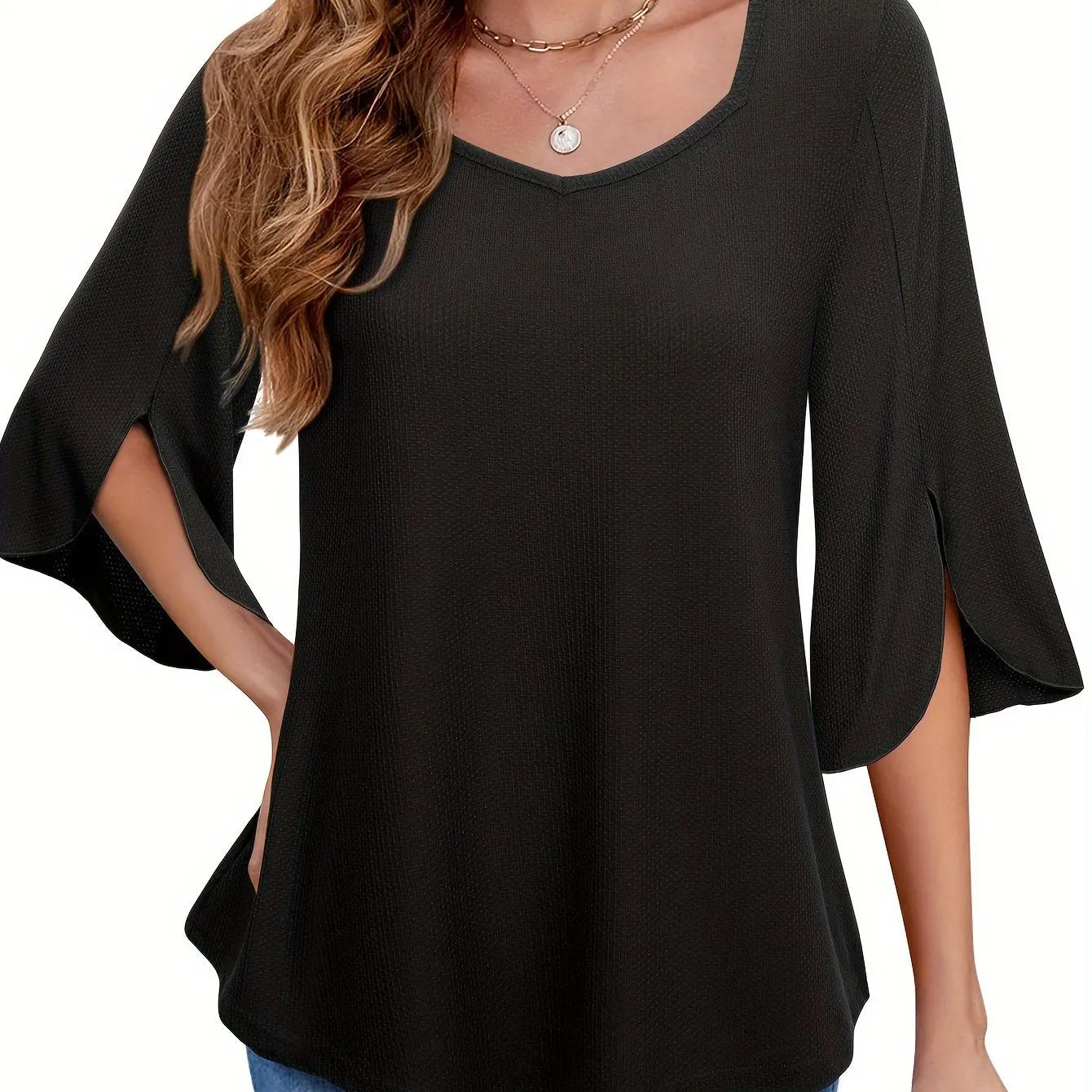 Three Quarter Sleeve Solid Heart Neck Casual T-Shirt - Soft Micro Elastic Polyester Fabric, Regular Length, Spring Summer Fall Wear - Womens Business Work Clothing