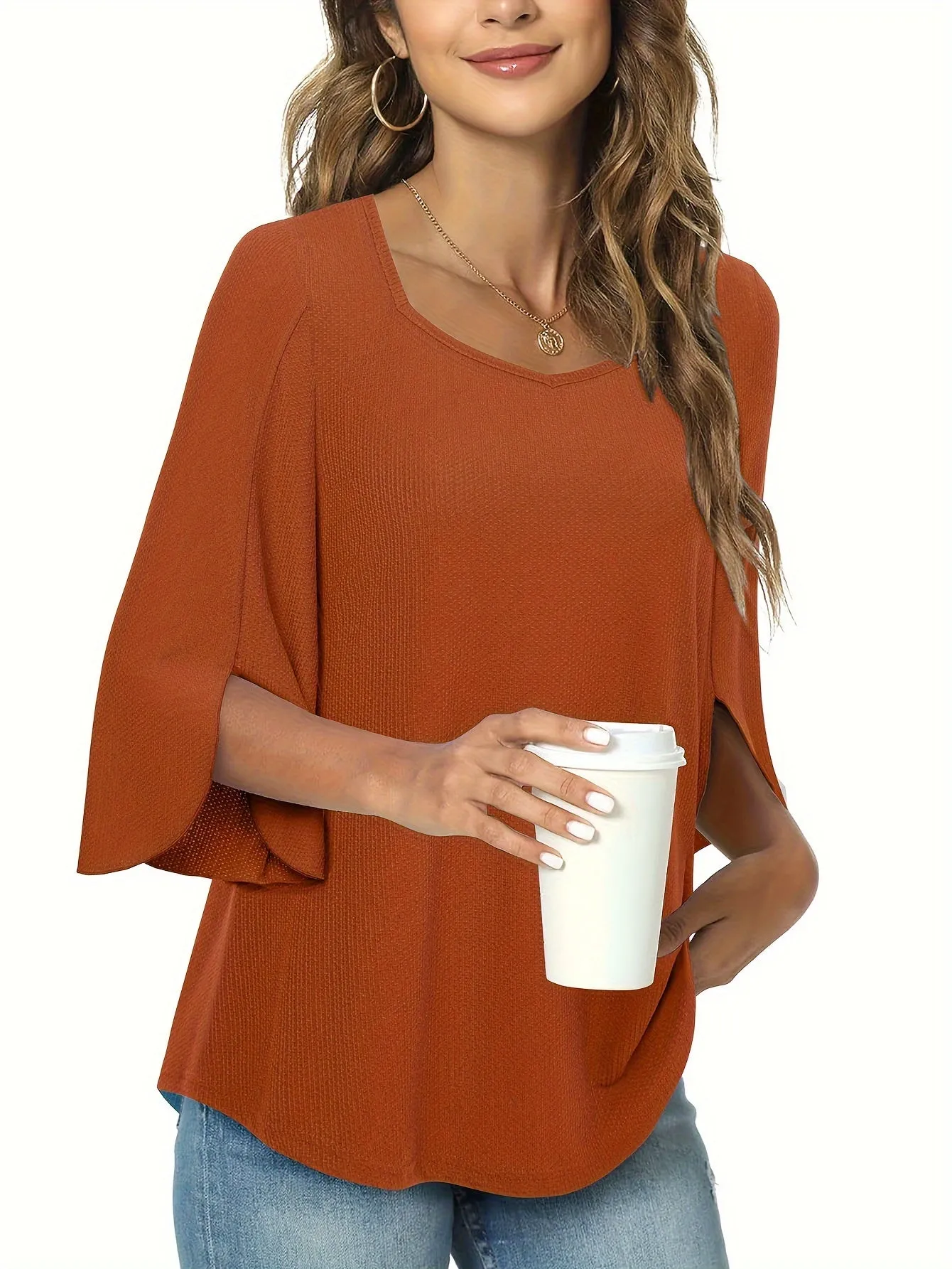 Three Quarter Sleeve Solid Heart Neck Casual T-Shirt - Soft Micro Elastic Polyester Fabric, Regular Length, Spring Summer Fall Wear - Womens Business Work Clothing