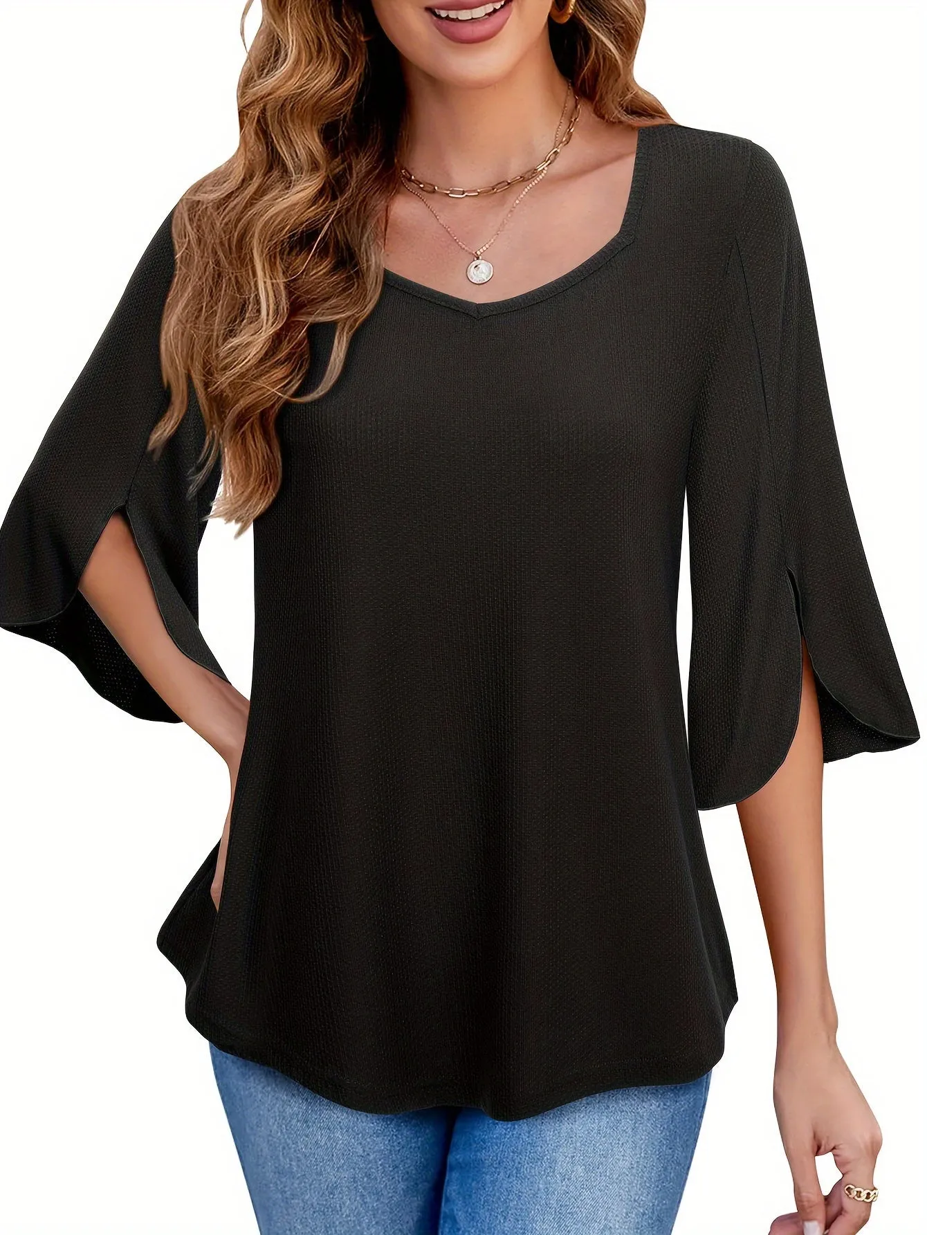 Three Quarter Sleeve Solid Heart Neck Casual T-Shirt - Soft Micro Elastic Polyester Fabric, Regular Length, Spring Summer Fall Wear - Womens Business Work Clothing
