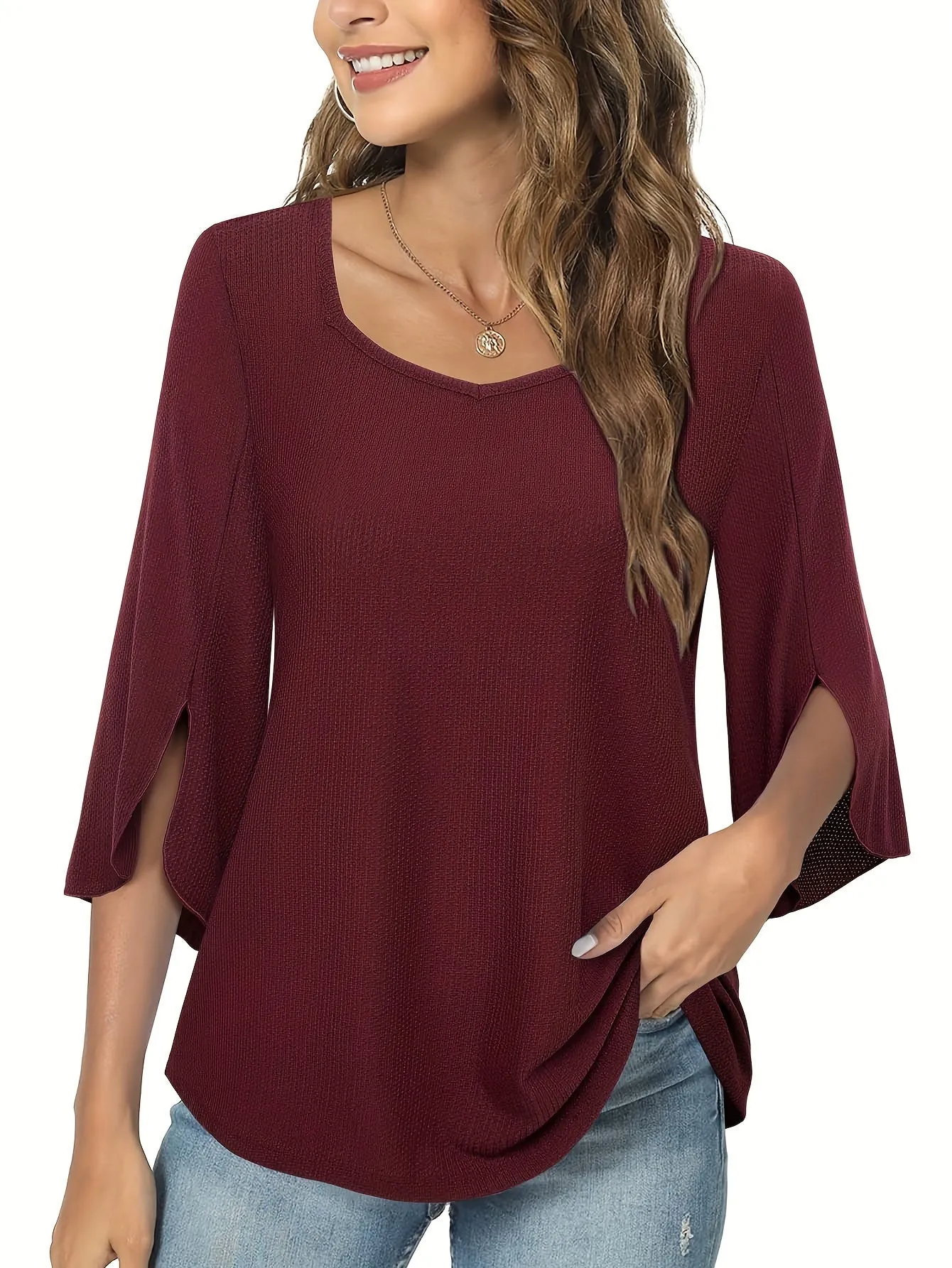 Three Quarter Sleeve Solid Heart Neck Casual T-Shirt - Soft Micro Elastic Polyester Fabric, Regular Length, Spring Summer Fall Wear - Womens Business Work Clothing