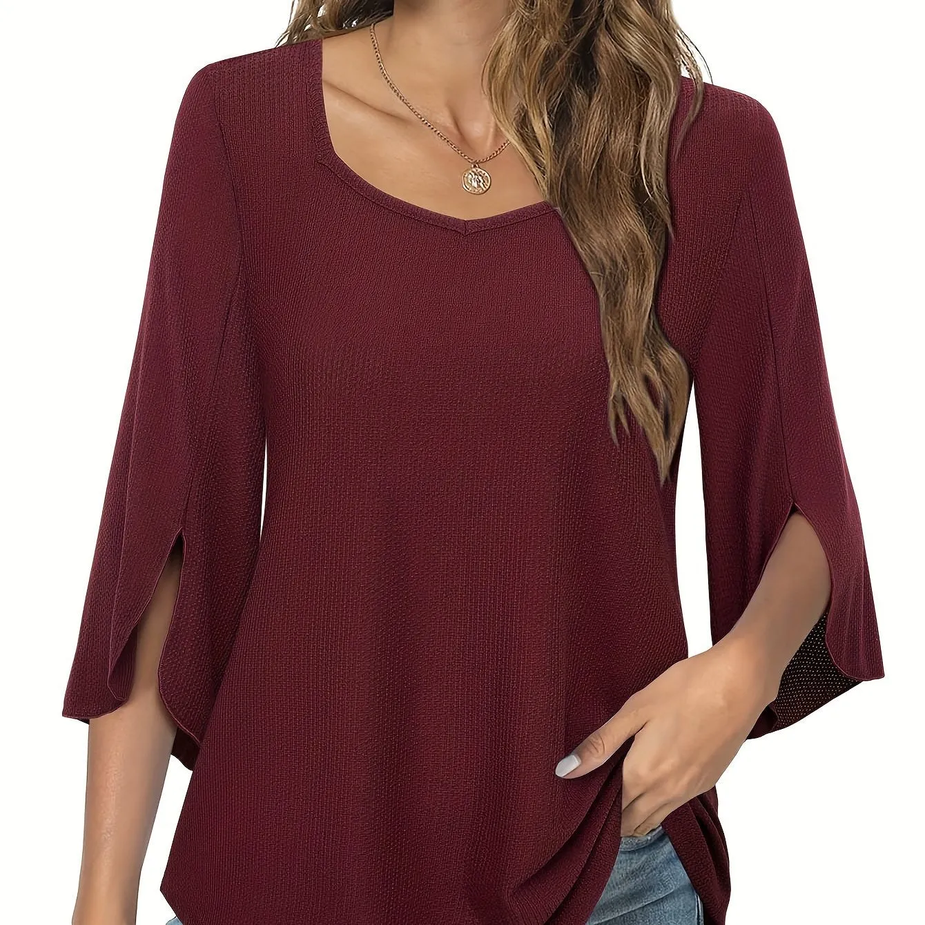 Three Quarter Sleeve Solid Heart Neck Casual T-Shirt - Soft Micro Elastic Polyester Fabric, Regular Length, Spring Summer Fall Wear - Womens Business Work Clothing