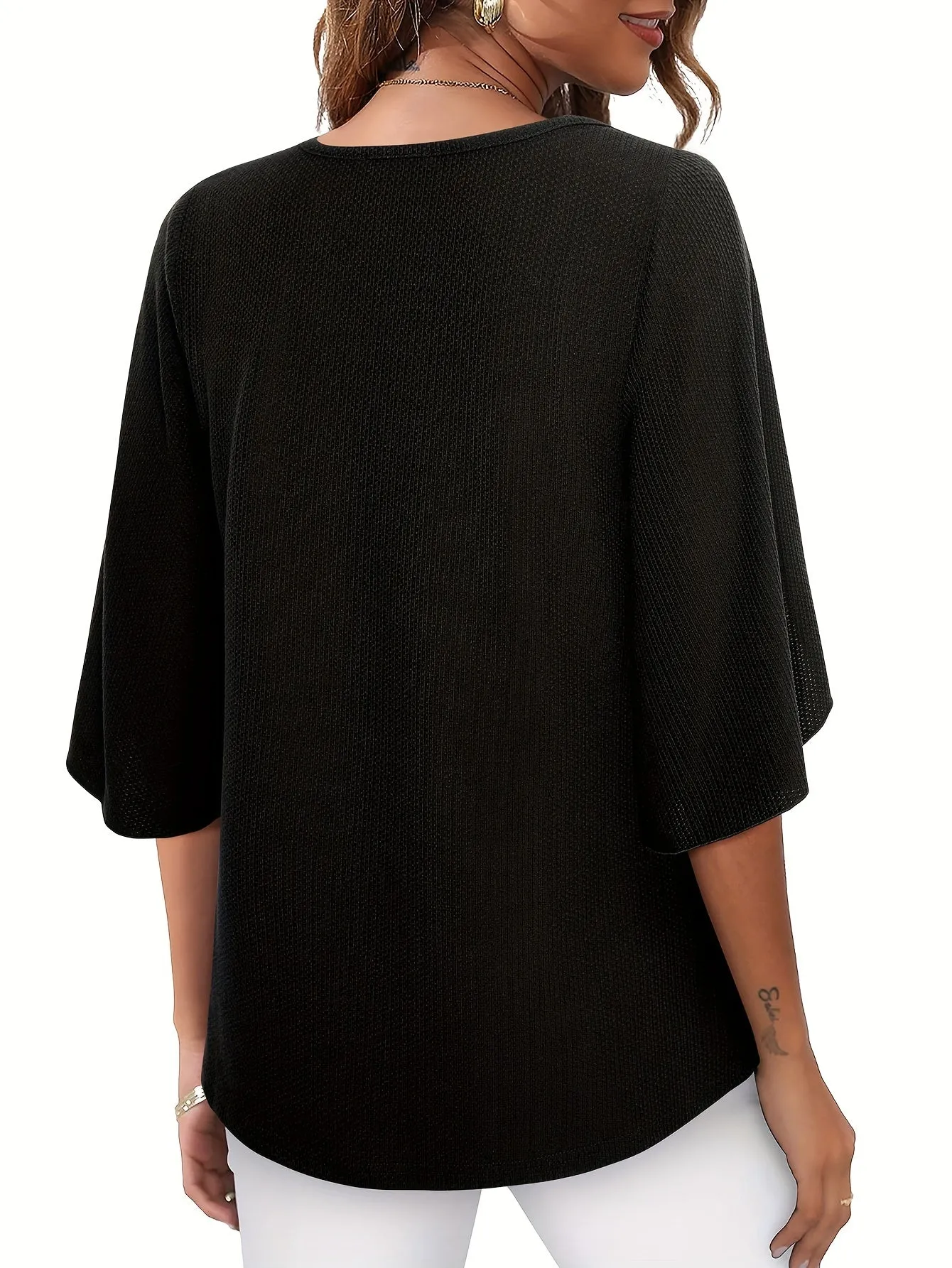 Three Quarter Sleeve Solid Heart Neck Casual T-Shirt - Soft Micro Elastic Polyester Fabric, Regular Length, Spring Summer Fall Wear - Womens Business Work Clothing