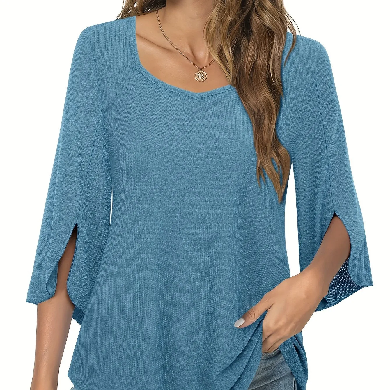 Three Quarter Sleeve Solid Heart Neck Casual T-Shirt - Soft Micro Elastic Polyester Fabric, Regular Length, Spring Summer Fall Wear - Womens Business Work Clothing