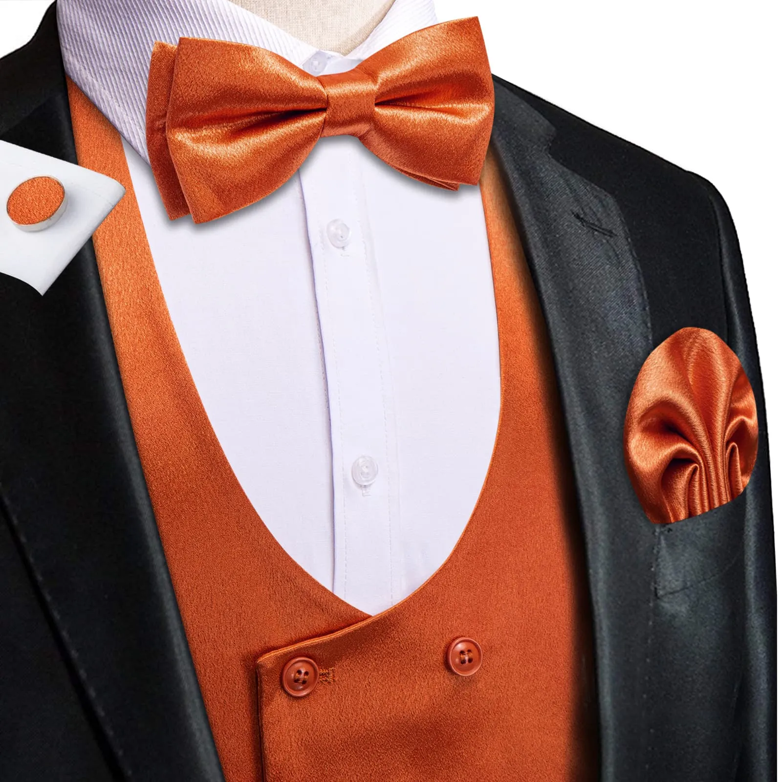 Ties2you Double Breasted Vest Burnt Orange Solid Mens Vest Tie Bowtie Set 5PC