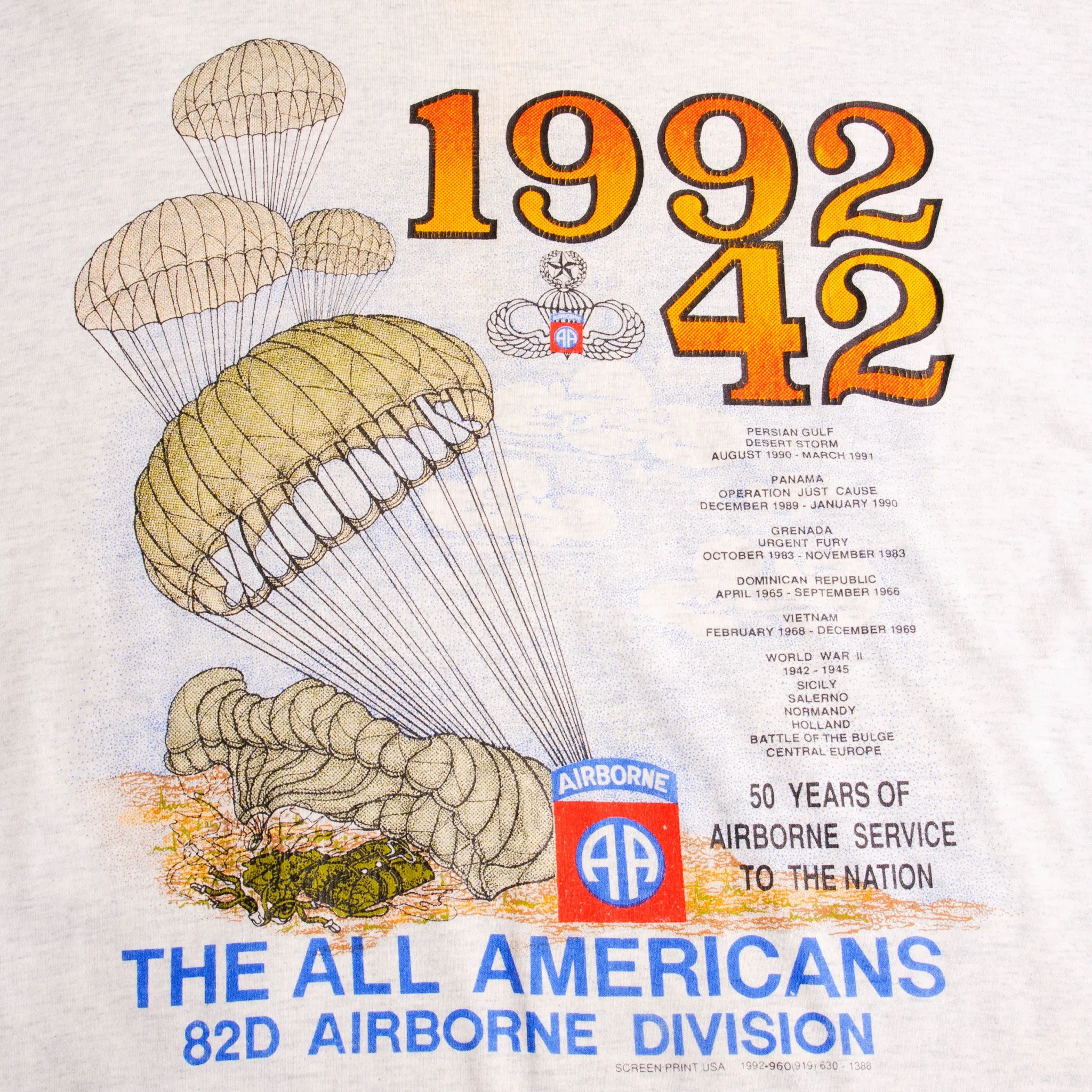 VINTAGE USAF 50 YEARS OF 82D AIRBORNE SERVICE 1942 - 1992 TEE SHIRT XL MADE USA