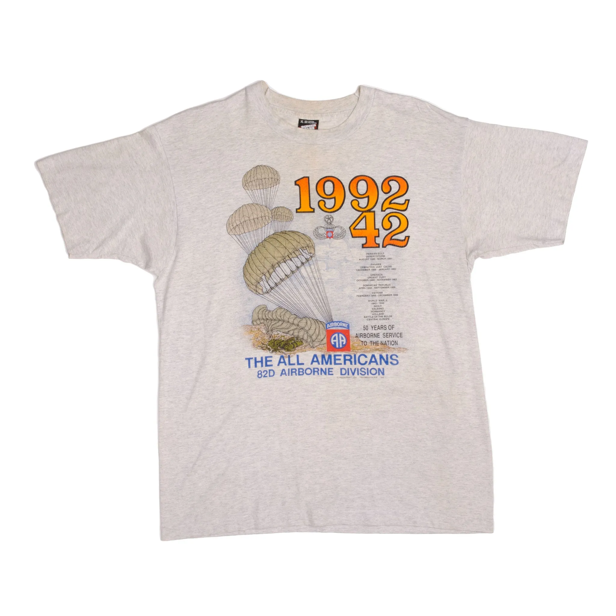 VINTAGE USAF 50 YEARS OF 82D AIRBORNE SERVICE 1942 - 1992 TEE SHIRT XL MADE USA