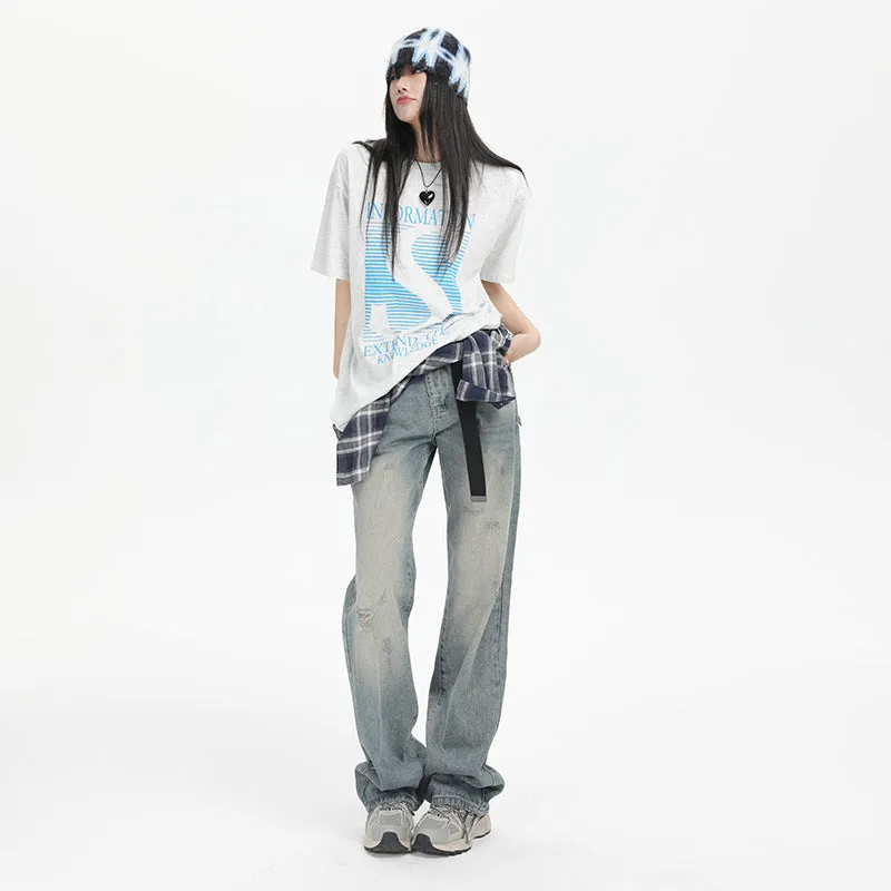 Wenkouban men fall outfits Retro Jeans for Women 2024 Spring and Summer New American Style Street Sea Buckthorn Blue Loose Straight Mop Wide-Leg Trousers