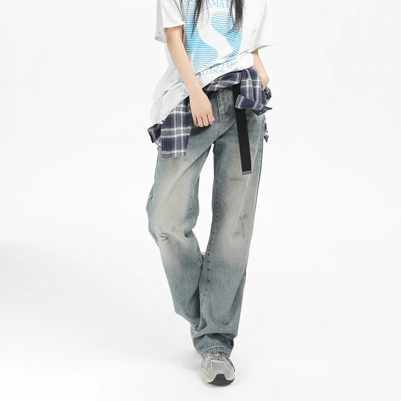 Wenkouban men fall outfits Retro Jeans for Women 2024 Spring and Summer New American Style Street Sea Buckthorn Blue Loose Straight Mop Wide-Leg Trousers