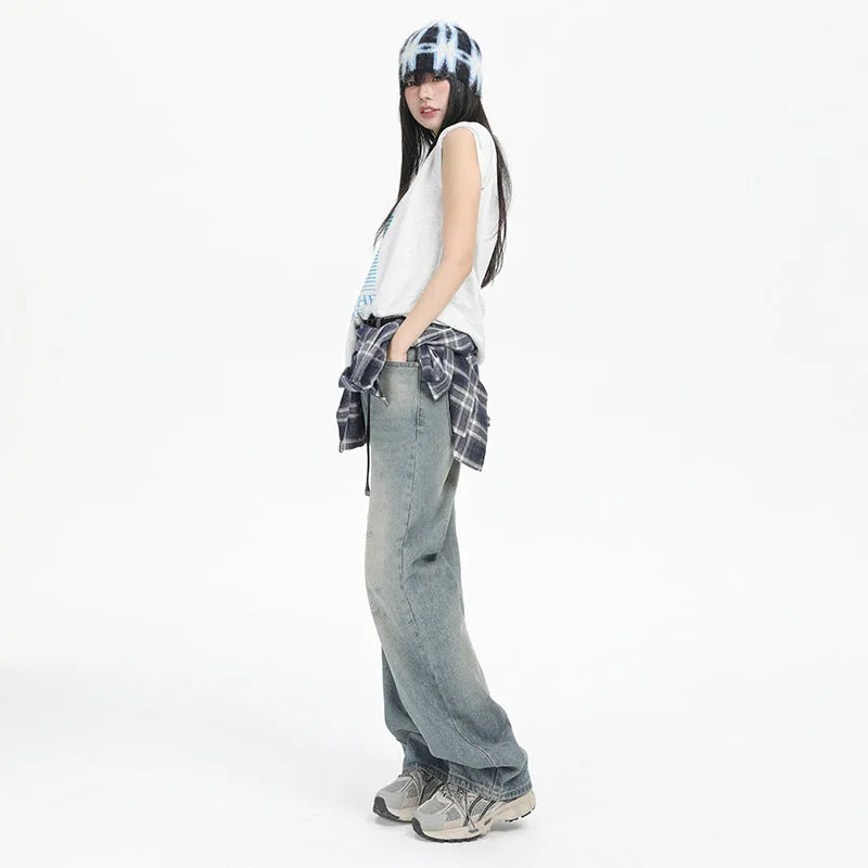Wenkouban men fall outfits Retro Jeans for Women 2024 Spring and Summer New American Style Street Sea Buckthorn Blue Loose Straight Mop Wide-Leg Trousers