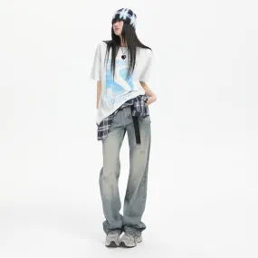 Wenkouban men fall outfits Retro Jeans for Women 2024 Spring and Summer New American Style Street Sea Buckthorn Blue Loose Straight Mop Wide-Leg Trousers