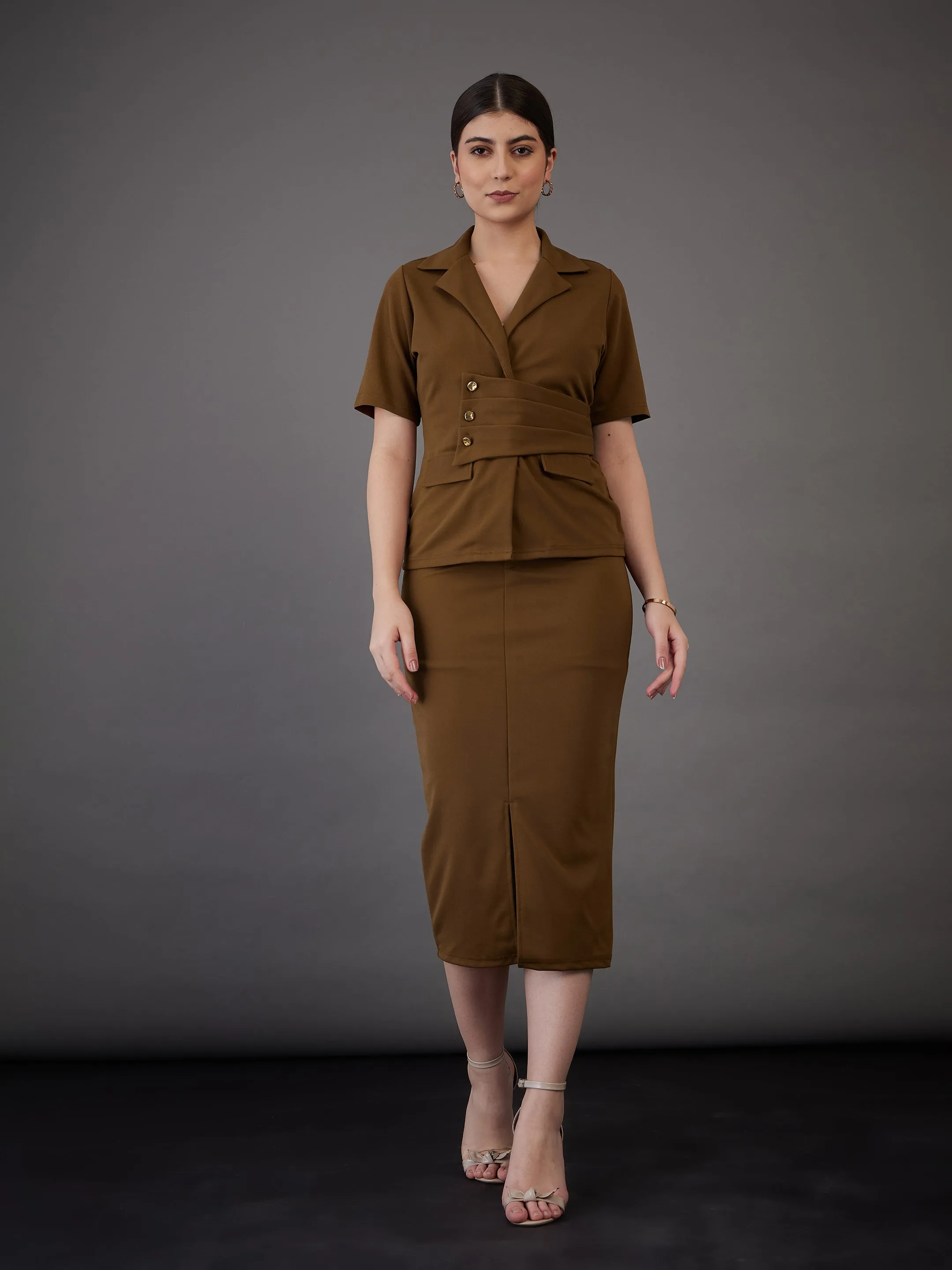 Women Brown Notch Collar Top