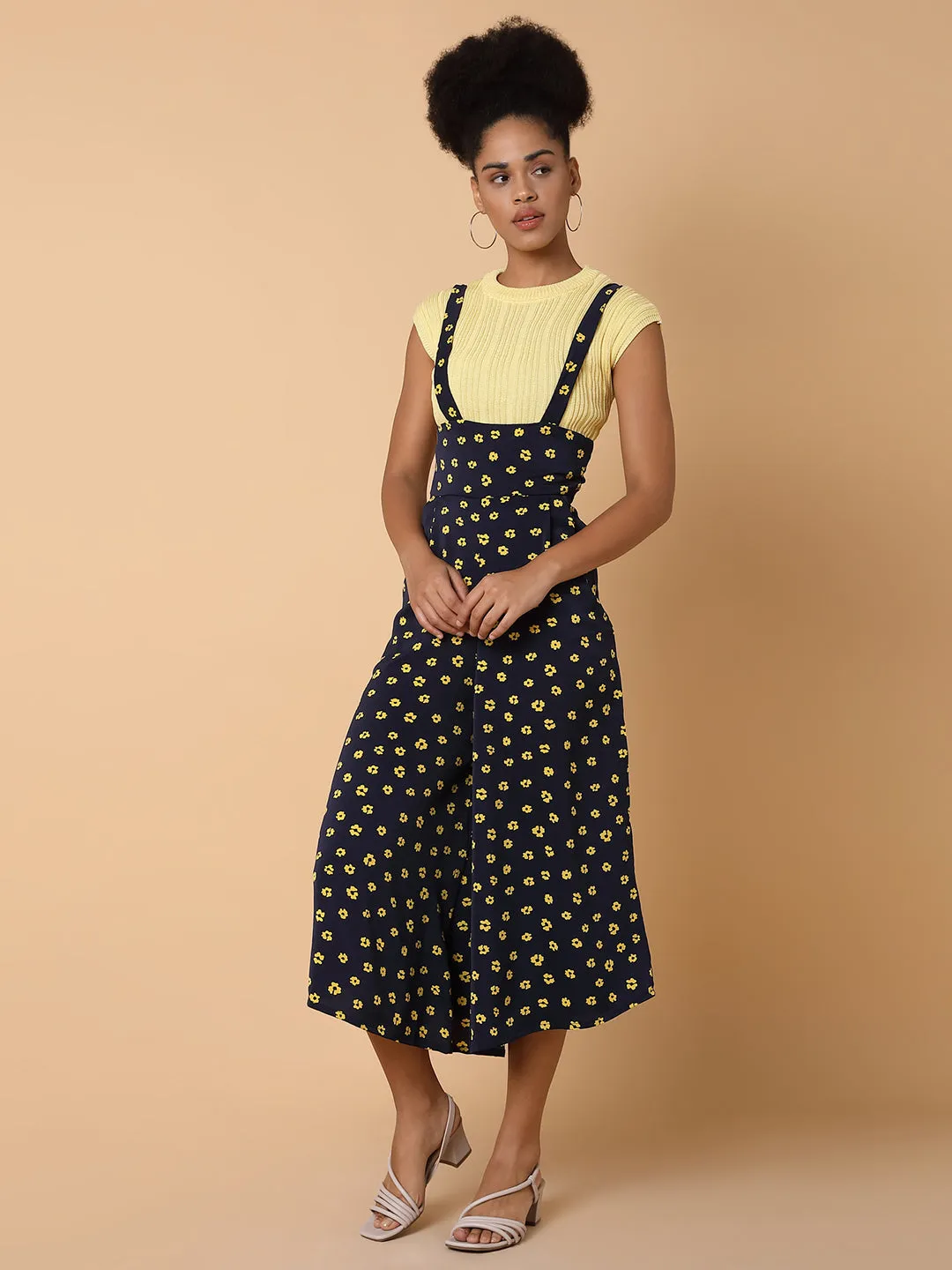 Women Printed Navy Blue Capri Jumpsuit