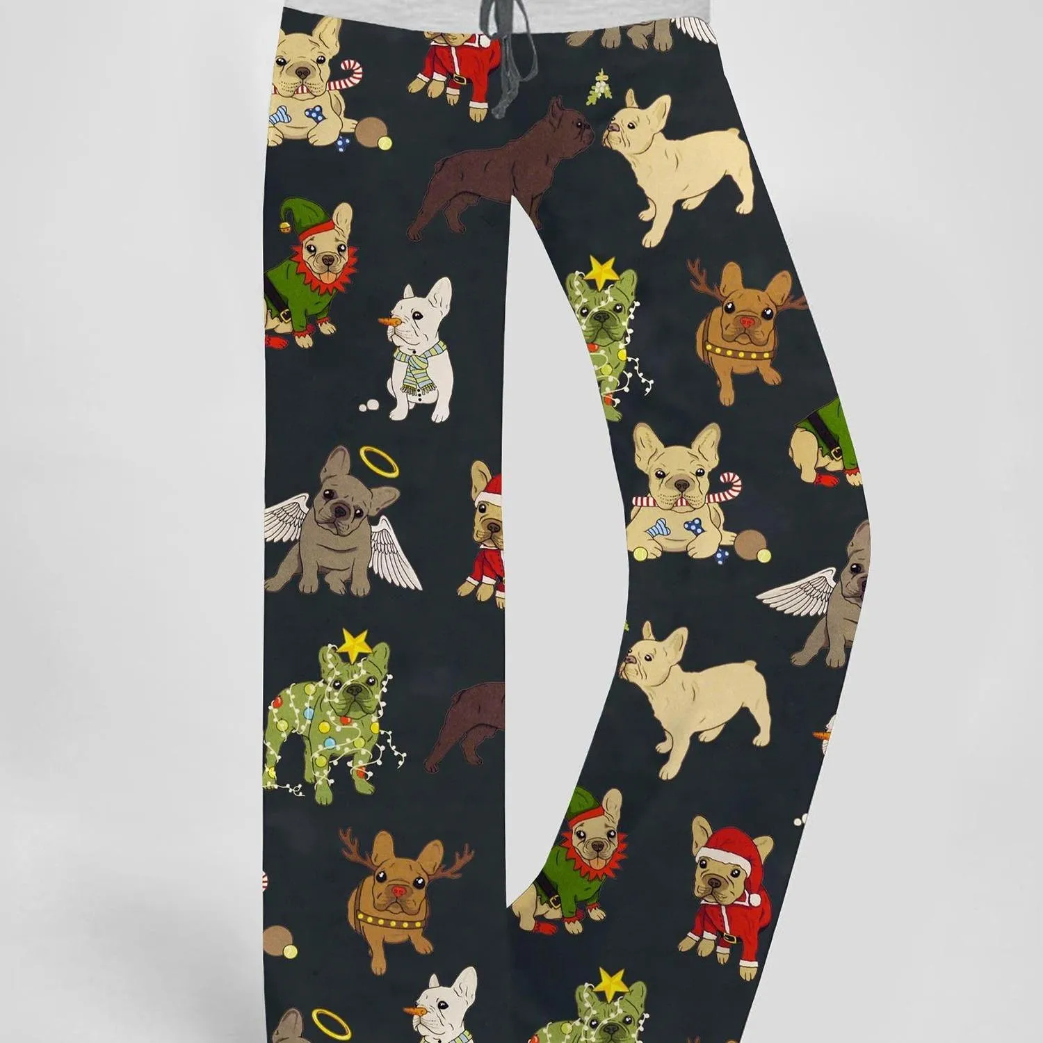 Women's Festive Christmas French Bulldog Print Joggers - Comfy Wide Leg Pants with Drawstring, Perfect for Casual Daily Wear