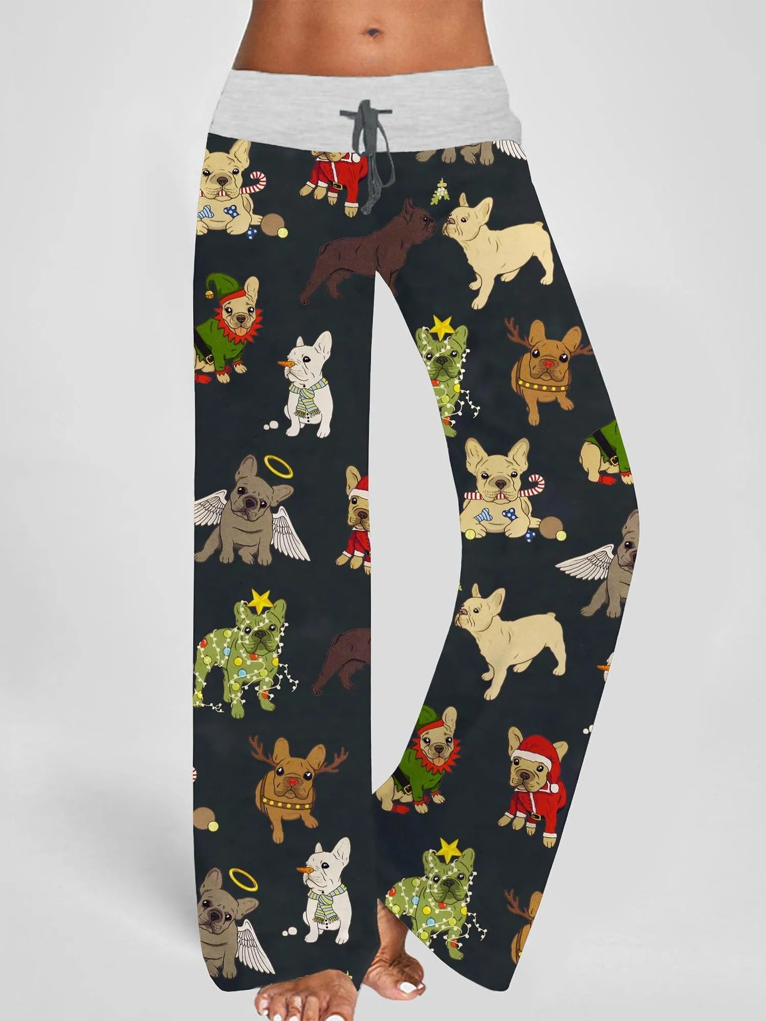 Women's Festive Christmas French Bulldog Print Joggers - Comfy Wide Leg Pants with Drawstring, Perfect for Casual Daily Wear