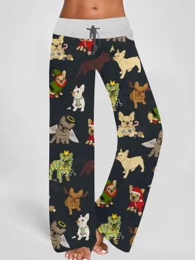Women's Festive Christmas French Bulldog Print Joggers - Comfy Wide Leg Pants with Drawstring, Perfect for Casual Daily Wear