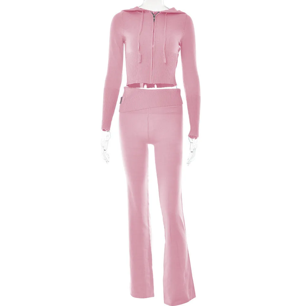 Women’s Form fitting Style Cross-border Knitted Hooded Long Sleeve Two-piece Set