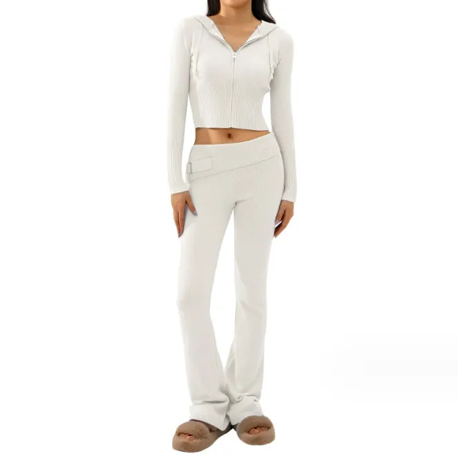 Women’s Form fitting Style Cross-border Knitted Hooded Long Sleeve Two-piece Set