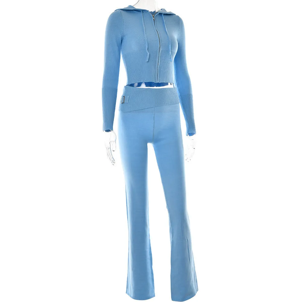 Women’s Form fitting Style Cross-border Knitted Hooded Long Sleeve Two-piece Set