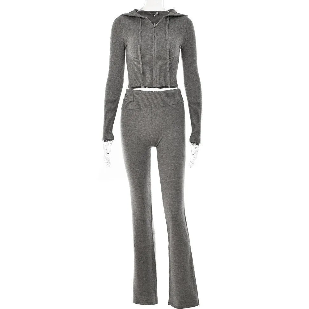 Women’s Form fitting Style Cross-border Knitted Hooded Long Sleeve Two-piece Set