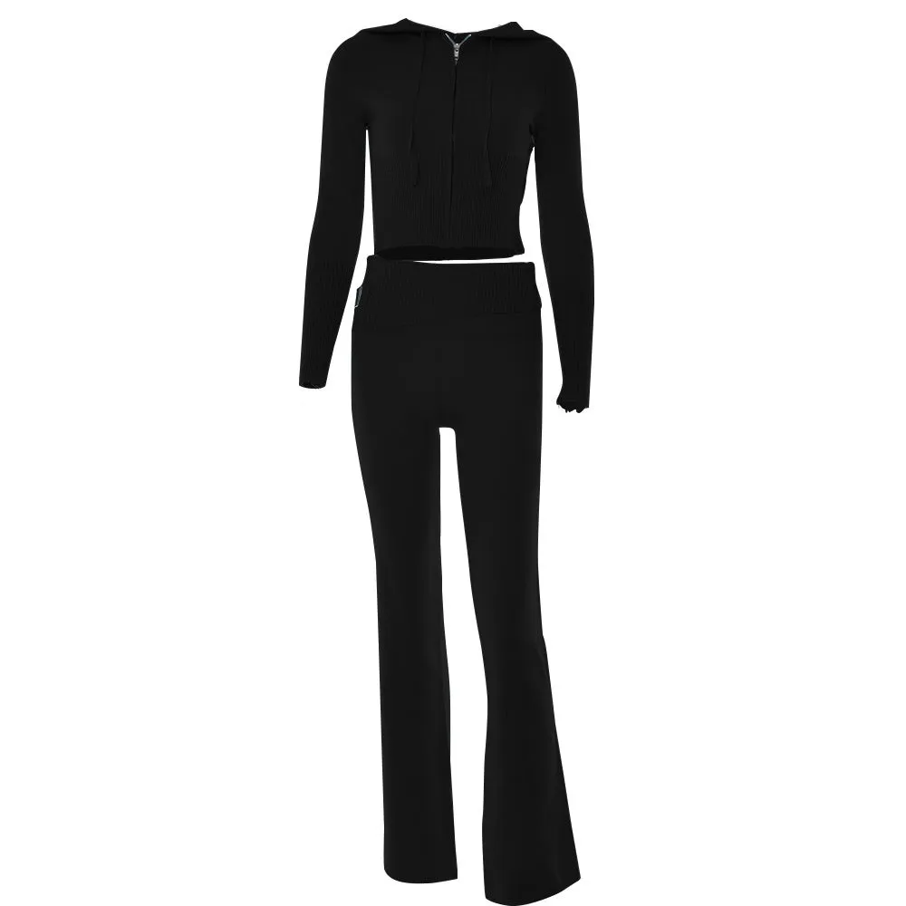 Women’s Form fitting Style Cross-border Knitted Hooded Long Sleeve Two-piece Set