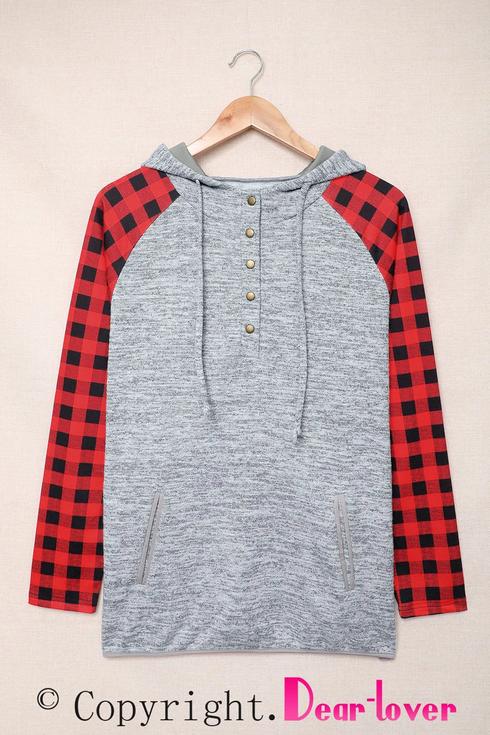 Womens Splicing Kangaroo Pocket Buttoned Plaid Hoodie